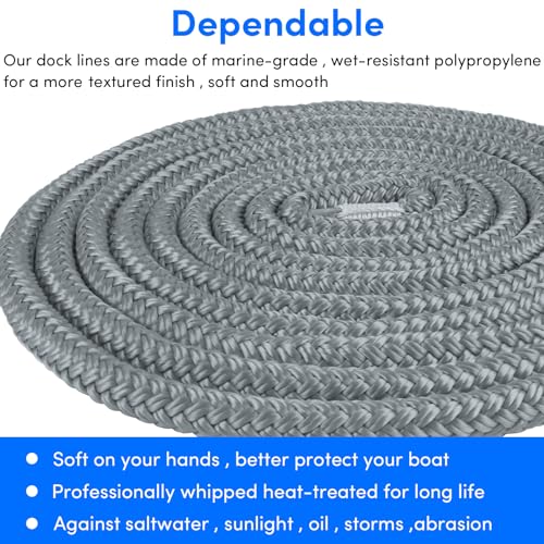 Dock Lines Boat Ropes for Docking 3/8\" x15\' Double Braided Mooring Marine Rope Boat Lines for Docking, Dock Lines for Boats with Loop, Boating Rope Boat Lines Gray 4 Pack - Thumbnail 4
