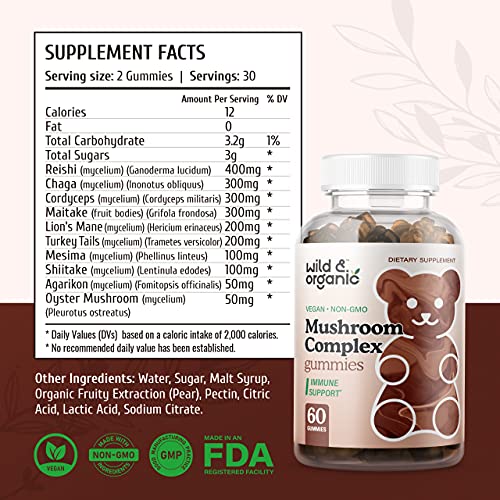 Wild & Organic Mushroom Gummies - Lion's Mane, Cordyceps, Turkey Tail, Reishi, Chaga, Maitake - 10 Mushroom Complex - Mushroom Supplement Gummies for Immune & Brain Support - 60 Count - Image 6