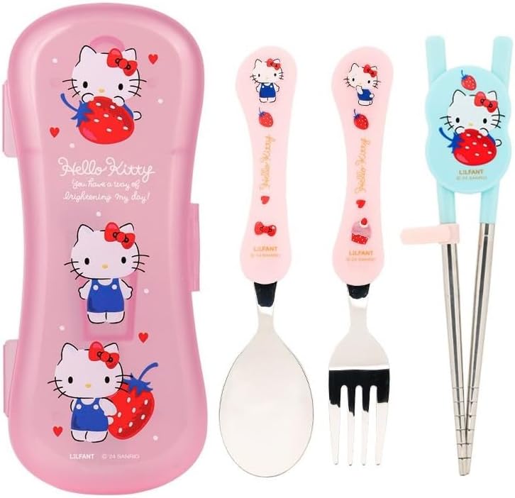 Cute Fork, Spoon, and Chopsticks Flatware Set with Case, Stainless Steel (Green)