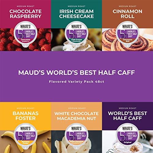 Maud's World's Best Half Caff Variety Pack (6 Flavors), 48Ct. Solar Energy Produced Recyclable Single Serve Half Caff Flavored Coffee Pods, 100% Arabica Coffee California Roasted, Kcup Compatible #TOP4