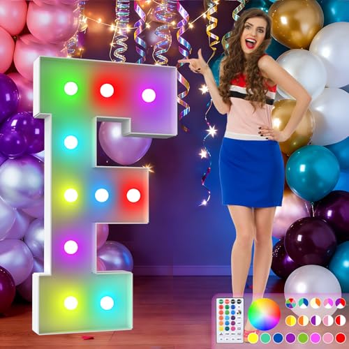 Image of 4FT Colorful Marquee Letters,18-Color Letter F with Remote Control Large Light Up Numbers Sign,Pre-Cut Foam Board Set for Party Decoration, Birthdays, Weddings, Graduations, Baby Anniversaries