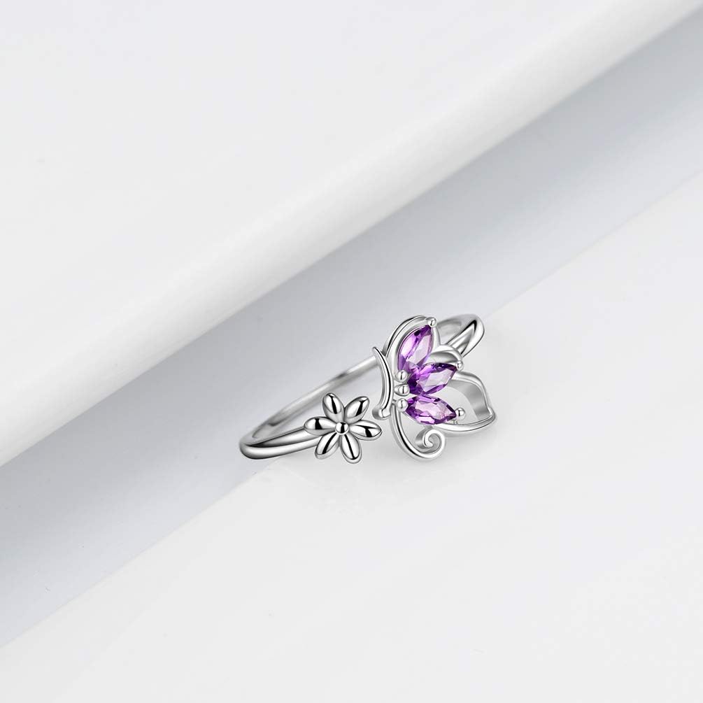 Aurora Tears Butterfly Birthstone Opening Ring - Women 925 Sterling Silver Butterflies Birthstone Opening Adjustable Ring Birthday Gift for Women
