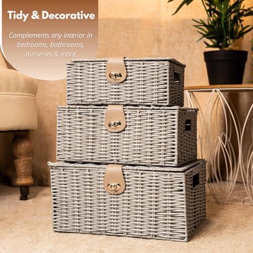 HomeZone Pack of 3 Lockable Grey Wicker Storage Basket with Lids Rattan Woven Decorative Storage Boxes with Lids Grey Baskets for Bathroom Bedroom Kitchen Stair Baskets Hampers - Cosy Home Interiors HomeZone Pack of 3 Lockable Grey Wicker Storage Basket with Lids Rattan Woven Decorative Storage Boxes with Lids Grey Baskets for Bathroom Bedroom Kitchen Stair Baskets Hampers - Image 10