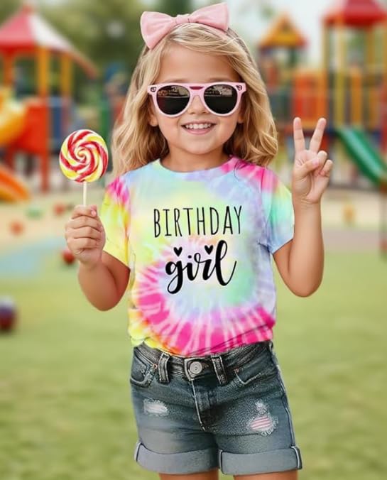 Image of YHHR Birthday Girl Shirt Tie Dye Girls Birthday Shirts 7-14 Year Kids Tops | Girls Birthday T Shirt, Cute B-Day Gifts Party Tops ,Birthday Outfits ,Letter Print Tees ,Graphic Short Sleeve Tee Tops