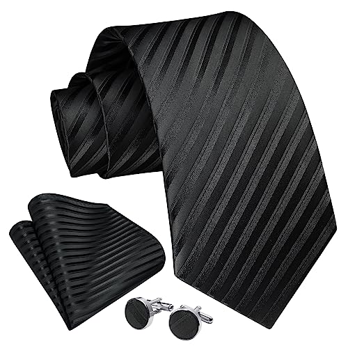 Image of Enlision Mens Ties Stripe Tie and Pocket Square Set Classic Formal Woven Neckties Handkerchief Cufflinks Wedding