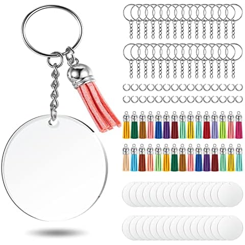 YHYZ 40PCS Acrylic Keychain Blank Set, Clear Circle Acrylic Blank Bulk ( 2 Inch,10pcs) + Keychain Ring (10pcs)+ Jump Rings (10pcs)+ Tassels (10pcs), for Vinyl Resin Craft Project DIY (40) Cover