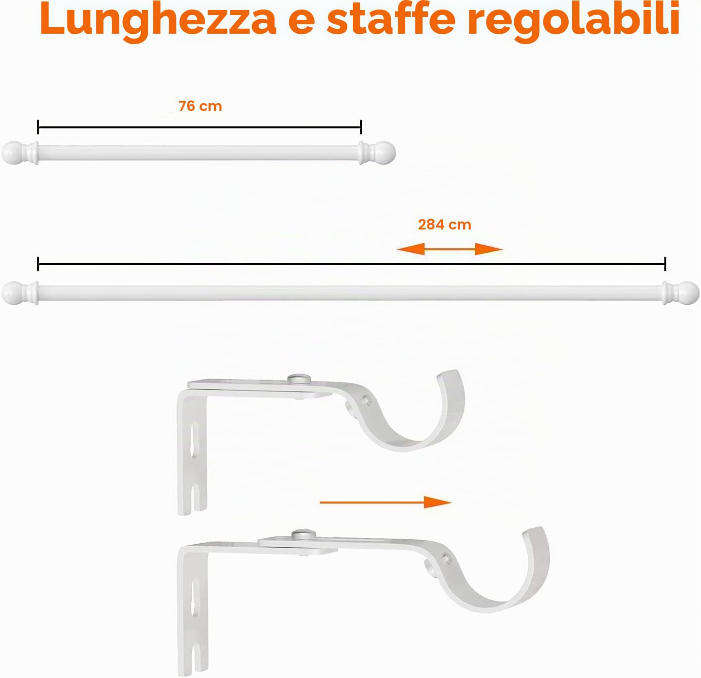 INFLATION Bastoni per Tende estensibili con terminale Tondo, 76-369 cm, Metallo Effetto Acciaio Inossidabile a 1 Canna, Bianco 76-284 cm