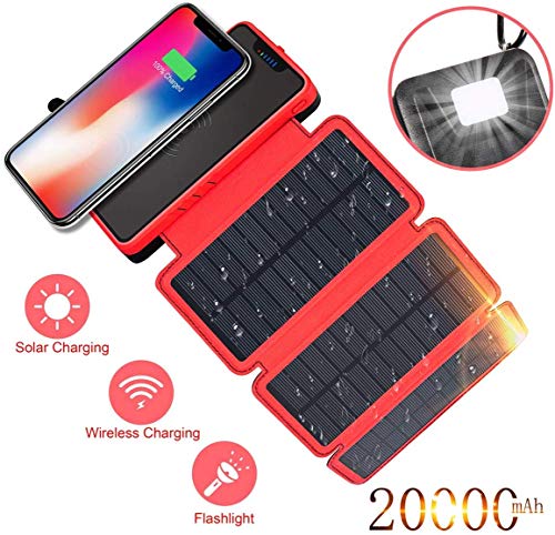 Solar Charger 20000mAh, Wireless Charger Portable Power Bank External Battery Pack with 3 Solar Panels, Emergency Flashlight, IP65 Rainproof,Dual 5V/2.1A USB Port for Smartphones,Tablets and more(Red)