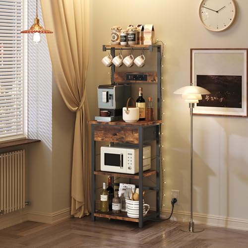 MAHANCRIS Küchenregal mit Steckdosen, Bäckerregal, Standregal, 34 x 48 x 139 cm, Backregal mit Schubladen, Mikrowellenregal, 4 S-Haken, für Küche, Wohnzimmer, Esszimmer, Braun und Schwarz ABRHR48UE01