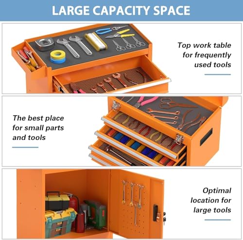 Image of 5-Drawer High Capacity Rolling Tool Chest, Removable Toolbox on Wheels Organizers, Lockable Tool Box Tool Storage Cabine with Drawers and Wheels for Workshop and Warehouse（5-Drawer, Orange）