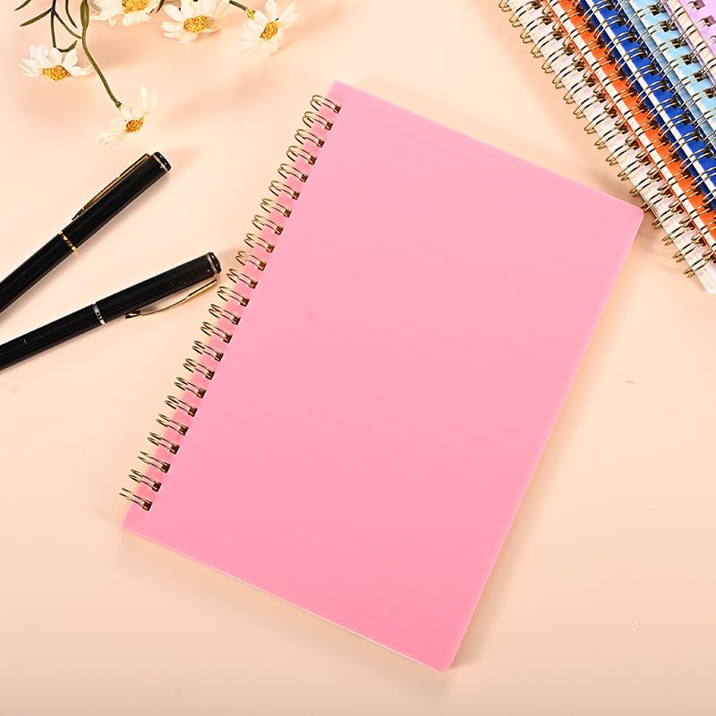 Spiralnotizbuch, A5, liniert, niedliches Notizbuch, Kunststoff, wasserdichter Einband, 60 Blatt/120 Seiten, Tagebücher für Studium und Notizen, Rosa, 6 Packungen