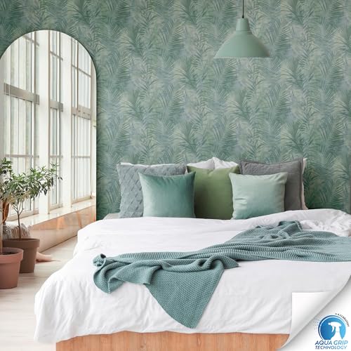 Livingwalls Wallpaper DESIGNDROP, precovered Non-Woven Wallpaper Palm Leaves in Green, Blue, 10,05m x 0,53m - Image 4