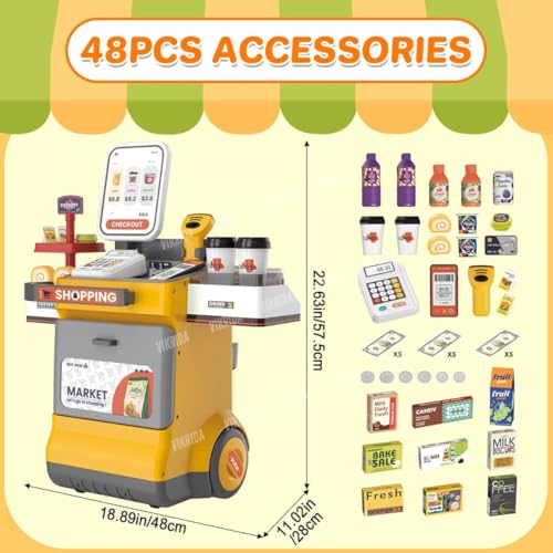Image of VikriDA 46-Piece Pretend Play Cash Register Set with Water Outlet, Calculator, Scanner, Credit Cards, Coffee Machine & Play Food - Yellow