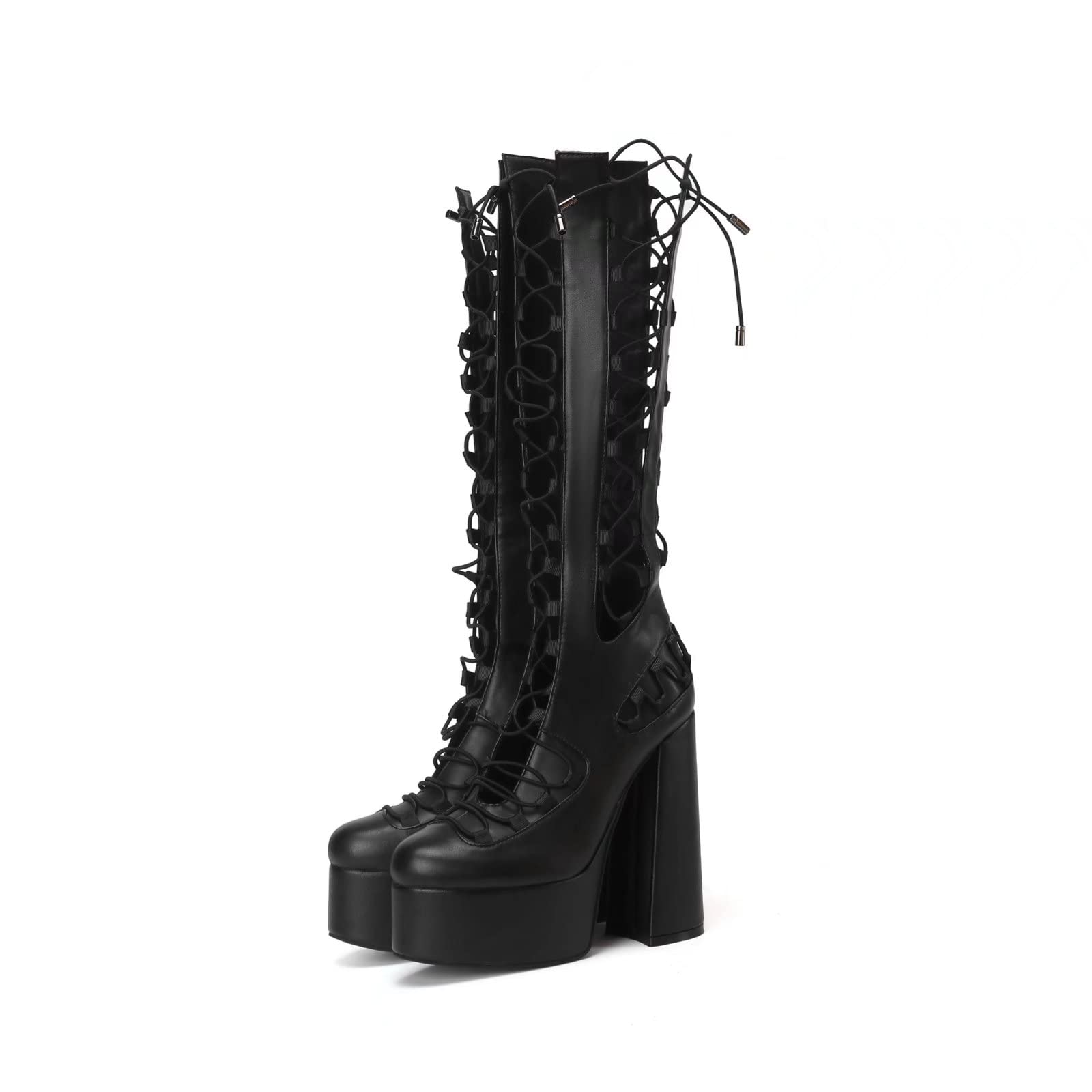 Frankie Hsu Goth Platform Lace Up High Heeled Knee High Boot Black Lolita Elastic Women Shoe Large Size