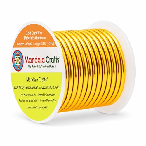 Image of Mandala Crafts 8 Gauge Anodized Aluminum Craft Wire for Jewelry Making - 32 FT Colored Flexible Gold Tone Wire - Bendable for Bonsai Armature Crafting Sculpting