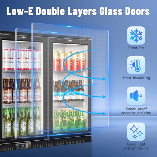 Image of Tylza Back Bar Cooler With 3 Glass Doors, 312L Under Counter Back Bar Refrigerator with LED Lighting, Safety Locks, Counter Height Bar Beverage Cooler for Beer, Soda Drinks, Wine, Black