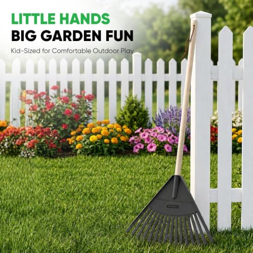 Image of Superio Kids Rake with Hardwood Handle, Durable Plastic Head to Sweep Leaves in Lawn and Tidying Up The Garden, 34 inch