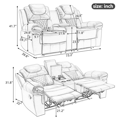 Ball & Cast 73" Home Theater Seating Manual Recliner Loveseat with LED Light Strip,Luxury Leather Couch W/Cup Holder & Hiden Storage,Lazy Adjustable Chair for LivingRoom Movie Night Enjoyment,WindRed by Ball & Cast - Image 3