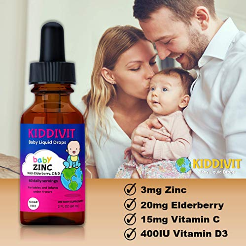 Kiddivit Baby Zinc Liquid Drops With Elderberry, Vitamin D3 & C - 60 Daily Servings, 2 Fl Oz (60 Ml) - Inulin Fortified (Prebiotic, Dietary Fiber) - Sugar Free, Gluten Free, Vegetarian Friendly #TOP2