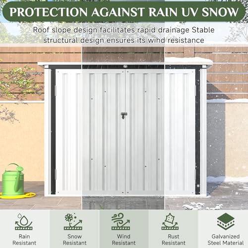 Image of AECOJOY Outdoor Trash Can Storage Shed, 46 Cu.Ft Metal Garbage Bin Enclosure with Lift-Up Lid & Gas Strut, Waterproof Outdoor Garbage Can Organizer, Bike Shed Backyard Patio Garden, White