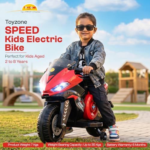 Image of Toyzone Speed Electric Bike (Red) | 6V Rechargeable Bike for Kids with 4.5Ah Battery | LED Lights, Music, MP3 /USB /BT | Smooth Acceleration | 6M Battery Warranty | Age 2-8 Years, Upto 35 kg