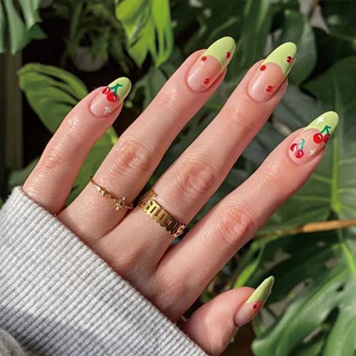 French Tip Press on Nail Medium Fake Nails Green Acrylic Press on Nails Tips Cherry Rhinestones Exquisite Design Glossy Coffin Full Cover Stick on Nails for Women and Girls 24Pcs