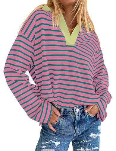 AKEWEI Collared Striped Shirt for Women Long Sleeve Rugby Shirt Womens Fashion 2024(Pink Green Stripe,M)