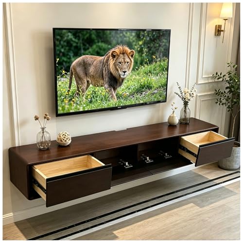 JUNFUNNLE Jungle Mueble de TV de 180cm Nogal+Negro, Mueble Flotante Salón con 2 Cajones 2 Puertas, Gran Almacenamiento para Salón, Comedor, Dormitorio y Oficina