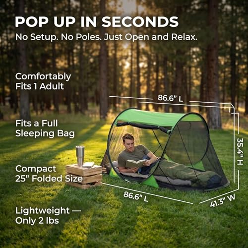 Image of Pop up Mosquito Tent for Camping, 86.6 x 41 x 35 Inch Bug Net Tent with Instant Automatic Setup, Lightweight Portable Screen Net Fits Most Camping Cot for Outdoor Hiking Travel(Green)