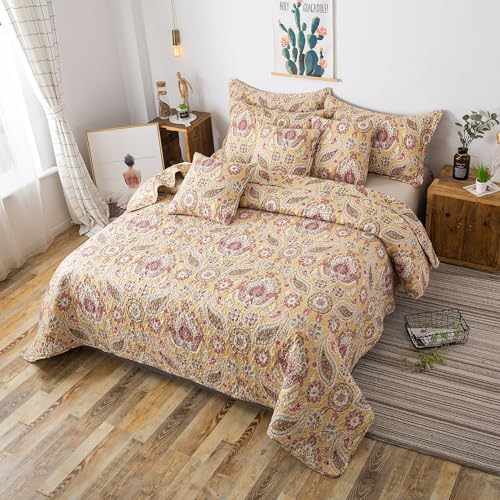 Tache 3 Piece Floral Golden Yellow Royal Medallion Paisley Pink Ivory Lightweight Bedspread Quilt Set, King