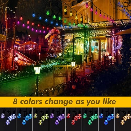 Image of Auroraworld 144FT Solar RGB String Lights Outdoor, Dimmable Waterproof LED Patio Lights with Remote, 45 Shatterproof Edison Bulbs for Garden Cafe Party Decor