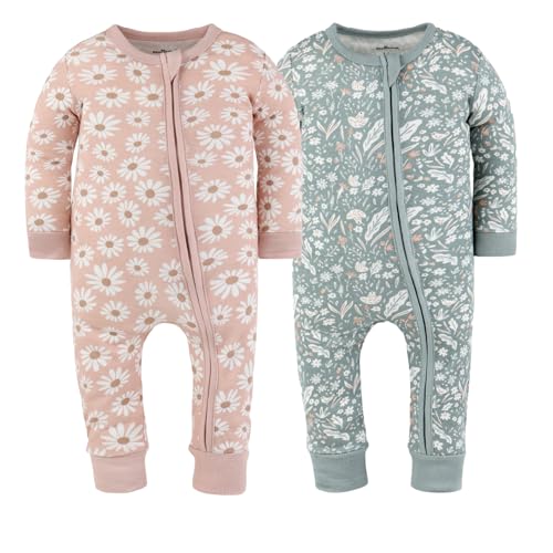 The Peanutshell 2-Pack Sleep and Play Baby Girl Clothes, 3-6 Months, Soft Cotton Footless Pajamas, Boho Meadow