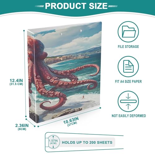 Image of 3 Ring Binder Octopus Ocean Nautical Coastal 1.5 inch Binders Three Ring Binders with Clipboard Fit 8.5'' x 11'' Paper 3 Interior PVC Clear Pockets for Office Supplies