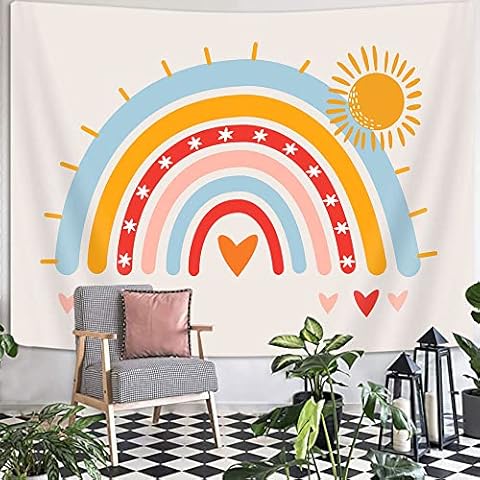 Boho Rainbow Tapestry Bohemian Retro Rainbow Aesthetic Tapestry 60"x40"Inch Modern Mid Century Abstract Tapestry Wall hanging for Classroom Nursery Playroom Bedroom Classroom Kids teen Girls Decor Cover