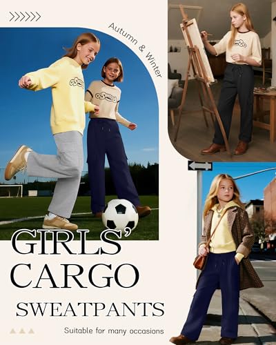 3 Pack Girls Cargo Sweatpants Kids Wide Leg High Waist Drawstring Pants Casual Baggy Athletic Trousers (Ages 5-14)2