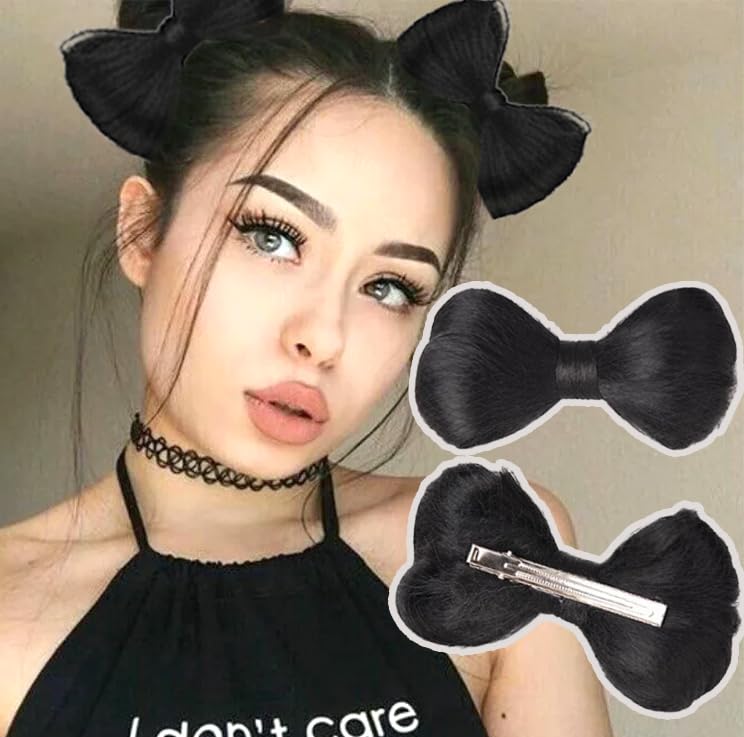 2pcs Bowknot Hair Bun Pieces with Scrunchies Black Bowknot Wig Clips Synthetic Fake Hair Buns Women Party Hair Styling Tools Hair Clips Accessories