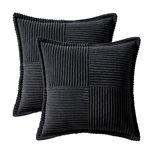 Image of MIULEE Decorative Throw Pillow Covers for Couch Bed Livingroom 18x18 Inch Set of 2 Black Boho Accent Throw Pllows Broadside Striped Patchwork Soft Corduroy Pillowcases
