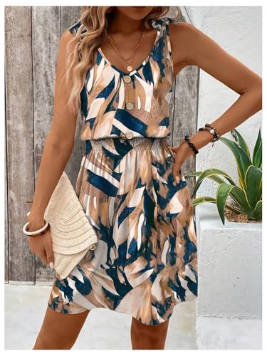 Image of SOLY HUX Women's Summer Sleeveless V Neck Short Dresses Printed A Line Beach Dress Flowy Sundress Blue Khaki Multi Medium
