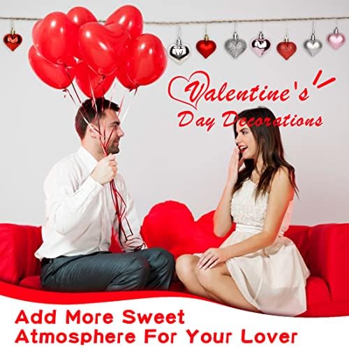 YASQZ Valentine's Day Heart Ornaments,36 Pcs Heart Baubles Heart Shaped Ornament with Rope,3 Styles Christmas Tree Hanging Hearts Decorations for Valentine's Day (Red,Pink,Silver),4.5in