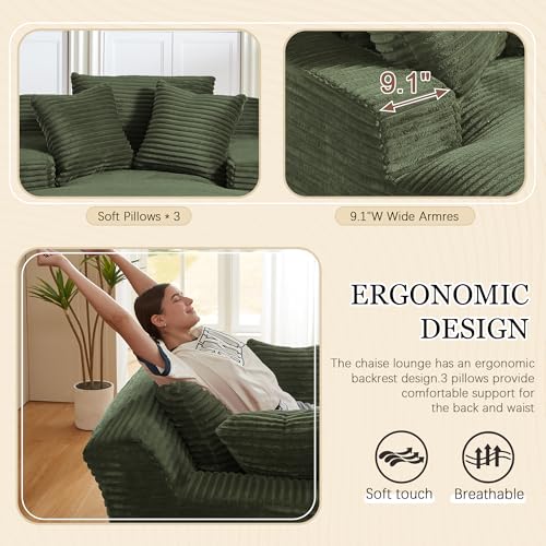 Image of 80 Inch Chaise Lounge Chair Indoor, Oversized Corduroy Upholstered Boneless Sofa Bed, Deep Seat Sleeper Couch Reading Chairs, Cloud Sofas Couches for Living Room, No Assembly Required (Olive Green)