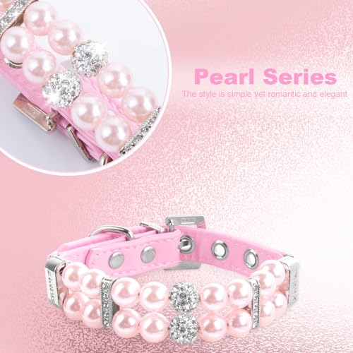 Image of HOWWFALY Dog Cat Pearl Collars with Crystal Rhinestone PU Leather Collars Necklace Adjustable CollarDog Chain Cat White Pearl Pet Collar(Pink, Small)