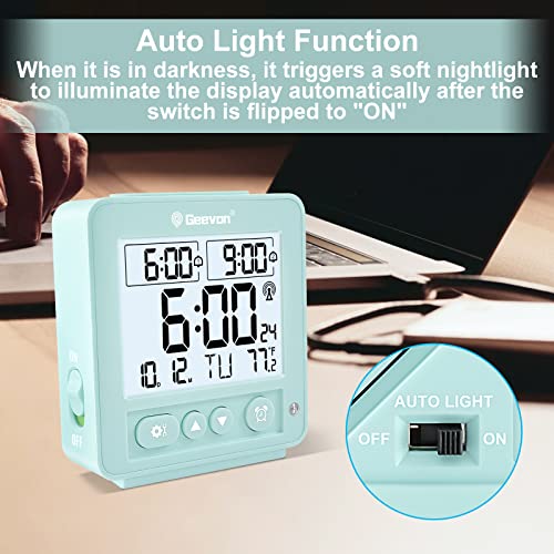 Geevon Small Atomic Travel Alarm Clock With Auto/8S Backlight, 2 Alarm Clocks, Temperature, Increasing Beep Sounds Digital Atomic Travel Clock Battery Operated For Bedroom, Bedside(Mint) #TOP3