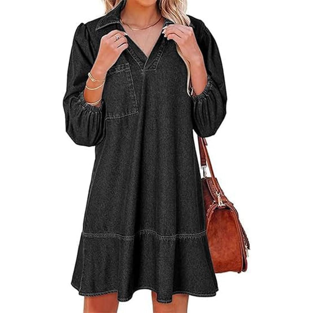 Vestido Vaquero con Capas, Cuello en V y Mangas abullonadas para Mujer, Vestidos Vaqueros con Volantes y Mangas 3/4, Vestido Vaquero Camisero Holgado de Verano con Bolsillos. (Black,L)