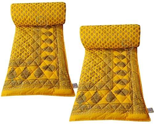 Image of Jaipuri Razai Single Bed Gold Print with Computerized Quilting Use as Soft and Breathable Cotton Comforter Quilt Rajai Blanket Dohar Size 55X85 inch Yellow Pack of 2