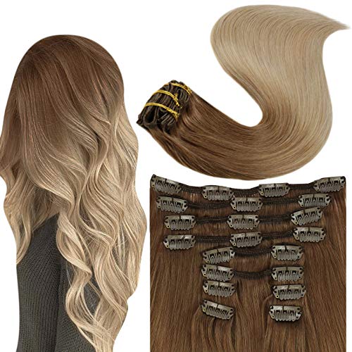 Fshine Balayage Clip in Hair Extensions Human Hair Natural 16Inch Real Hair Extensions Clip in Human Hair Double Weft Thick 100Gram 10Pieces Remy Clip in Hair Extensions Golden Brown to Dark Blonde