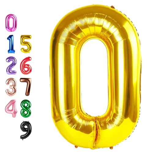 Image of Number Balloons 0 Balloon 40 inch Gold for 10th Birthday Party Decoration | Saturated Color, Large 40 inch, With Straw & Hanging Holes, For Back-To-School Season, Thanksgiving, Christmas, New Year