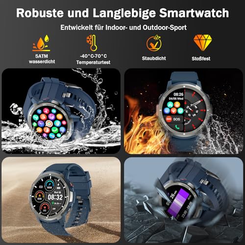 Smartwatch Herren mit Telefonfunktion, 1,43 Zoll Militär Smart Watch mit 24/7 Herzfrequenz/Schlafüberwachung/SpO2/Schrittzähler, 120+ Sportmodi Wasserdicht Fitnessuhr für Android iOS – Bild 4