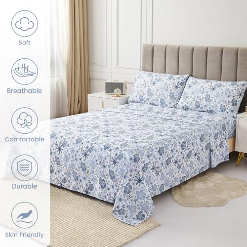 Image of Mooreeke Full Size Sheets Set - 4 Piece Soft Breathable Microfiber Bed Sheet Set - Blue & White Flower Pattern Sheet Set Full - Deep Pocket Non-Slip Floral Fitted Sheet Included for All Season