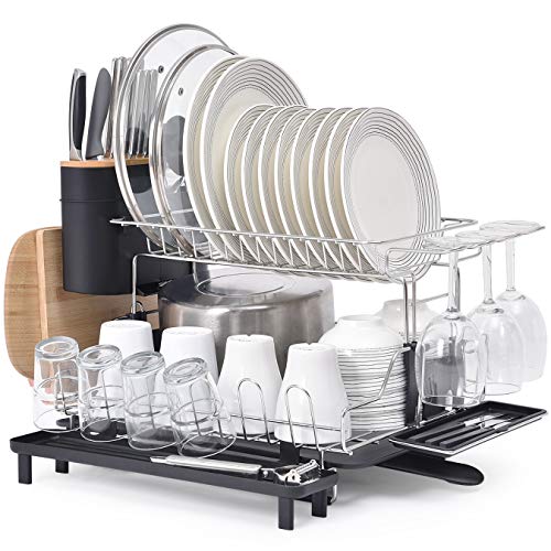 KINGRACK XXXL escurreplatos 2 Niveles,Rejilla de Secado de Platos de 304 Acero Inoxidable con Soporte para Cubiertos,Soporte para Copa de Vino,portavasos, Rejilla para Tablas de Cortar para Cocina