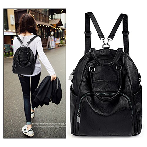 UTO Women Backpack Purse PU Washed Leather Convertible Ladies Rucksack Crossbody Shoulder Bag New Black2